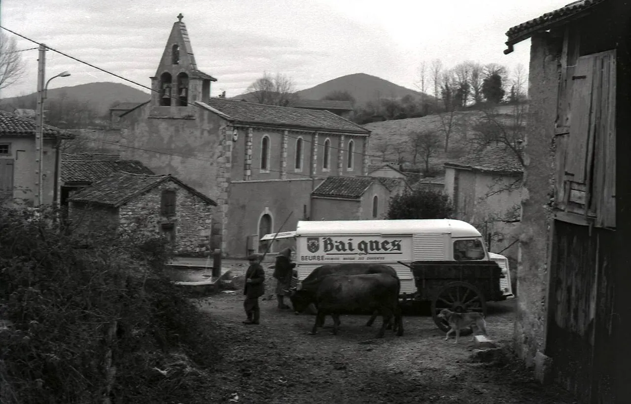 Village d'Arguenos (Haute-Garonne). 10 janvier 1978. Vue d'ensemble au coeur du village ; au 1er plan un homme de profil regarde le…