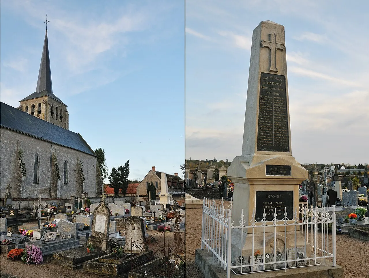 Assemblage de deux photos (église Saint-André et cimetière et monument aux morts et cimetière) de Darvoy, Loiret, France