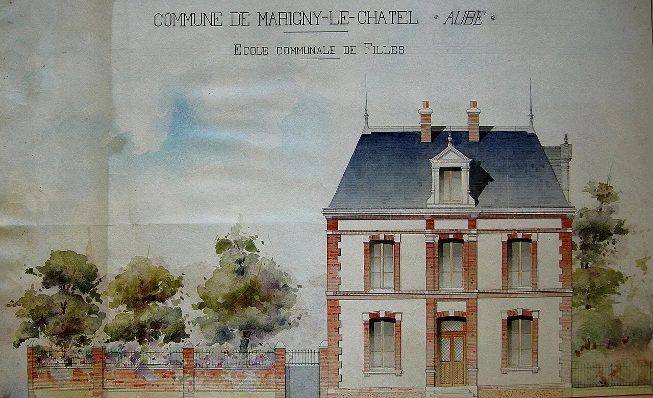 Aquarelle du projet de l'école de Marigny. D'autres plans de l'école datent de 1885.