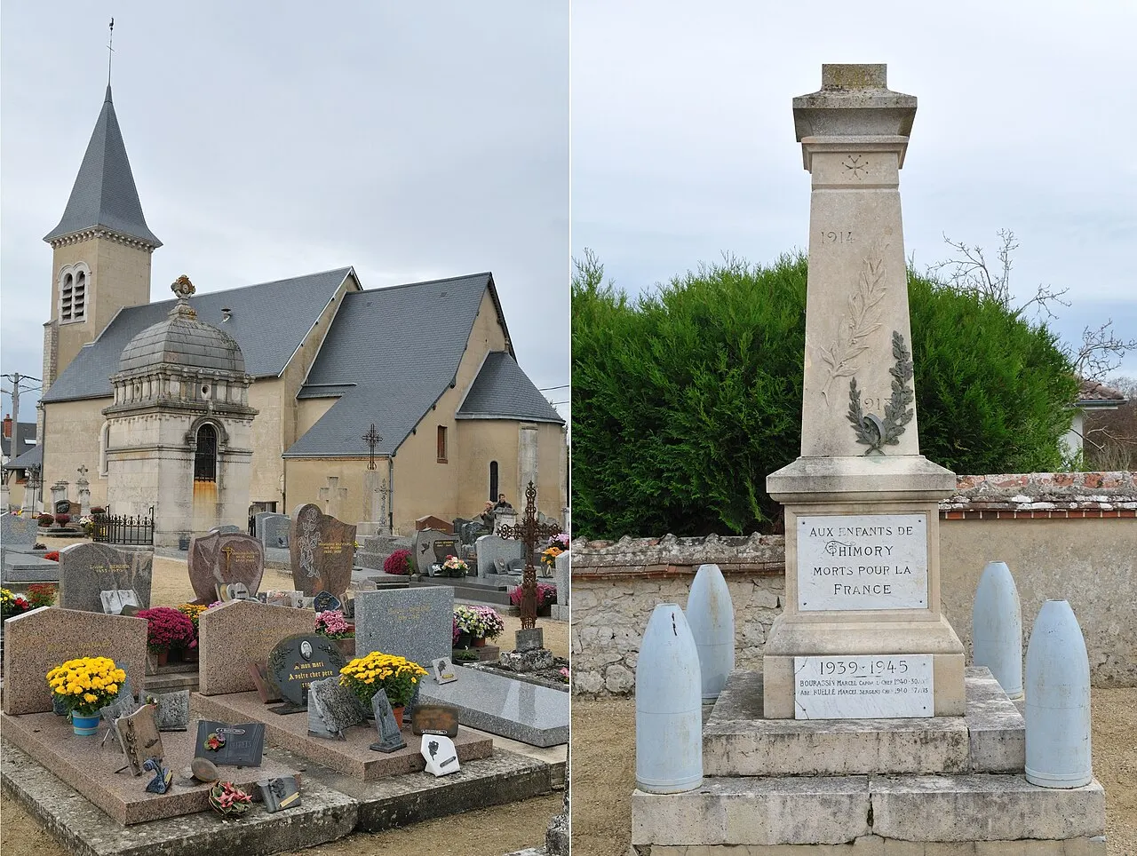 Assemblage de deux photos (cimetière et église Saint-Germain et monument aux morts) de Thimory, Loiret, France